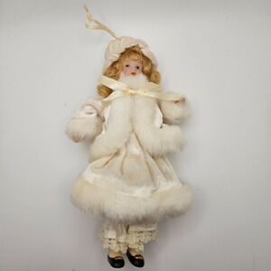 Vintage Victorian Christmas Doll Ornament Porcelain Face Ivory Fur Trim Hanging